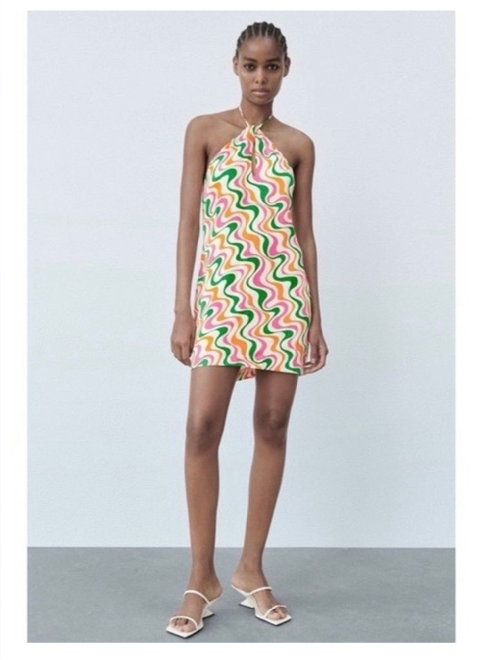Zara Bright Wavy Print Halter Dress — Pink, Green, Orange, Cream